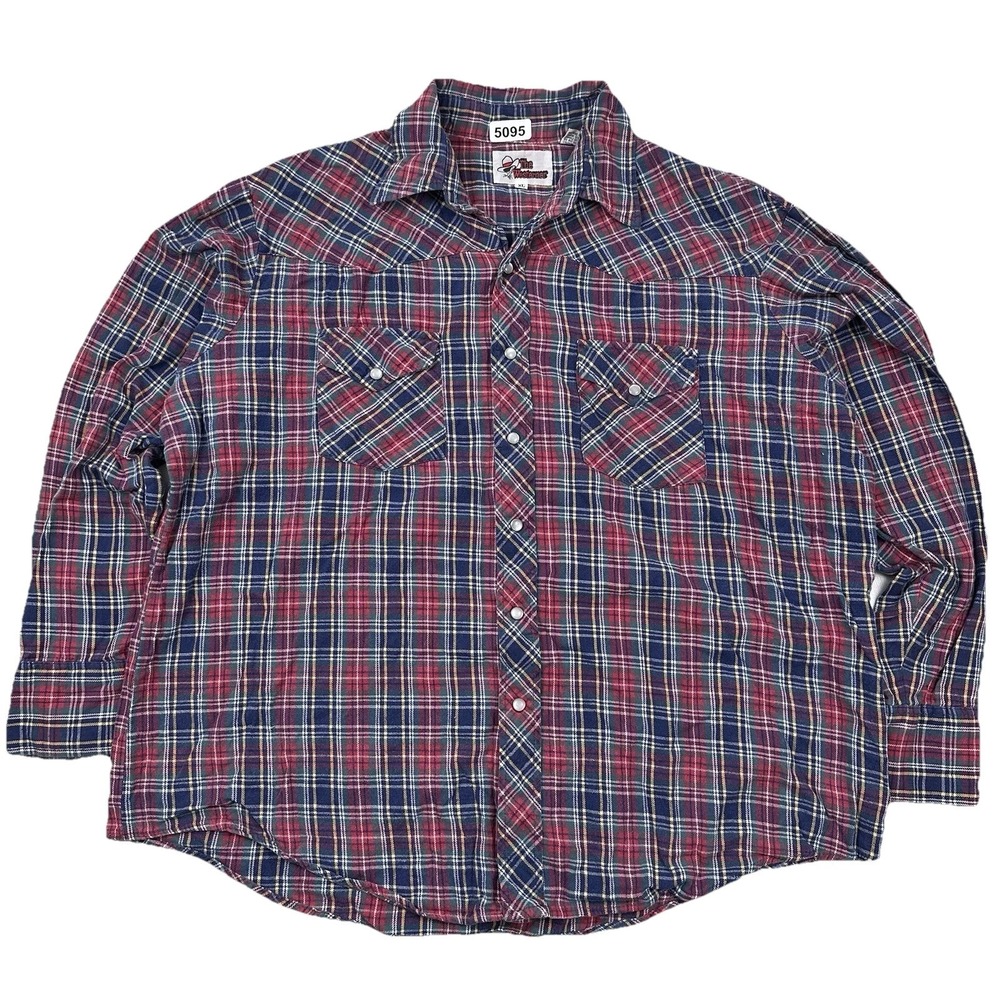 Vintage Pearl Snap‎ Flannel Shirt Men XL Soft Cotton Red Blue Western Plaid 80s
